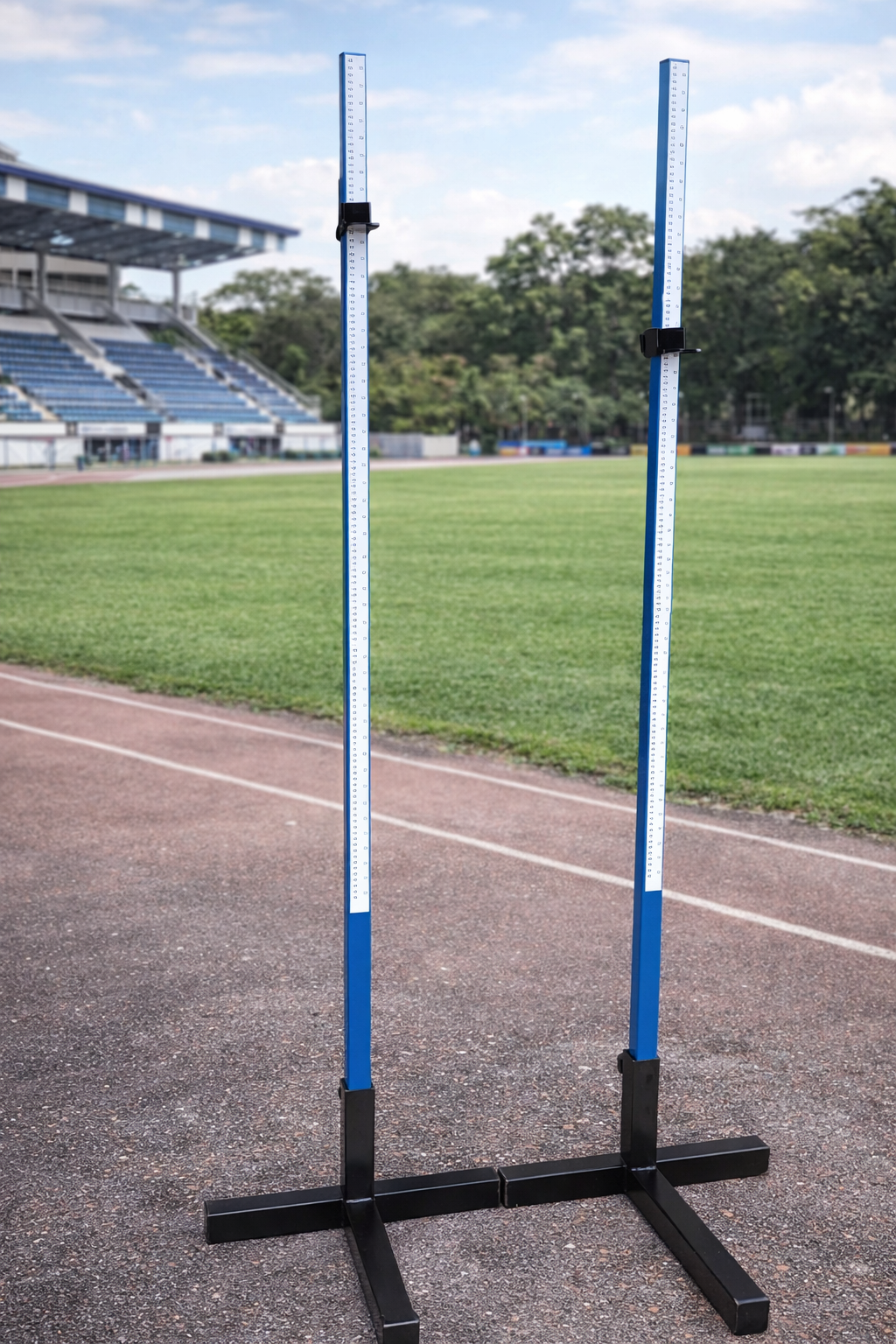 professional high jump stand set for athletics | heavy duty height measuring uprights with stable t base | adjustable sports field training equipment for schools & stadiums (blue)