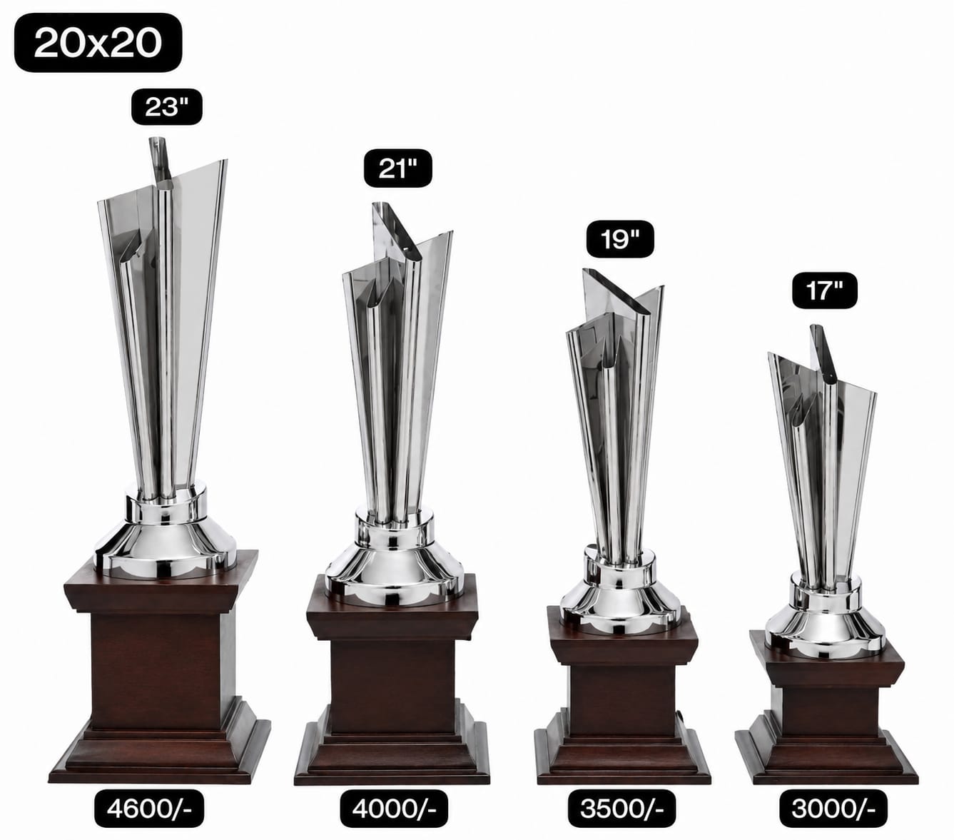 Size variations chart for Silver Star Wooden Trophy set