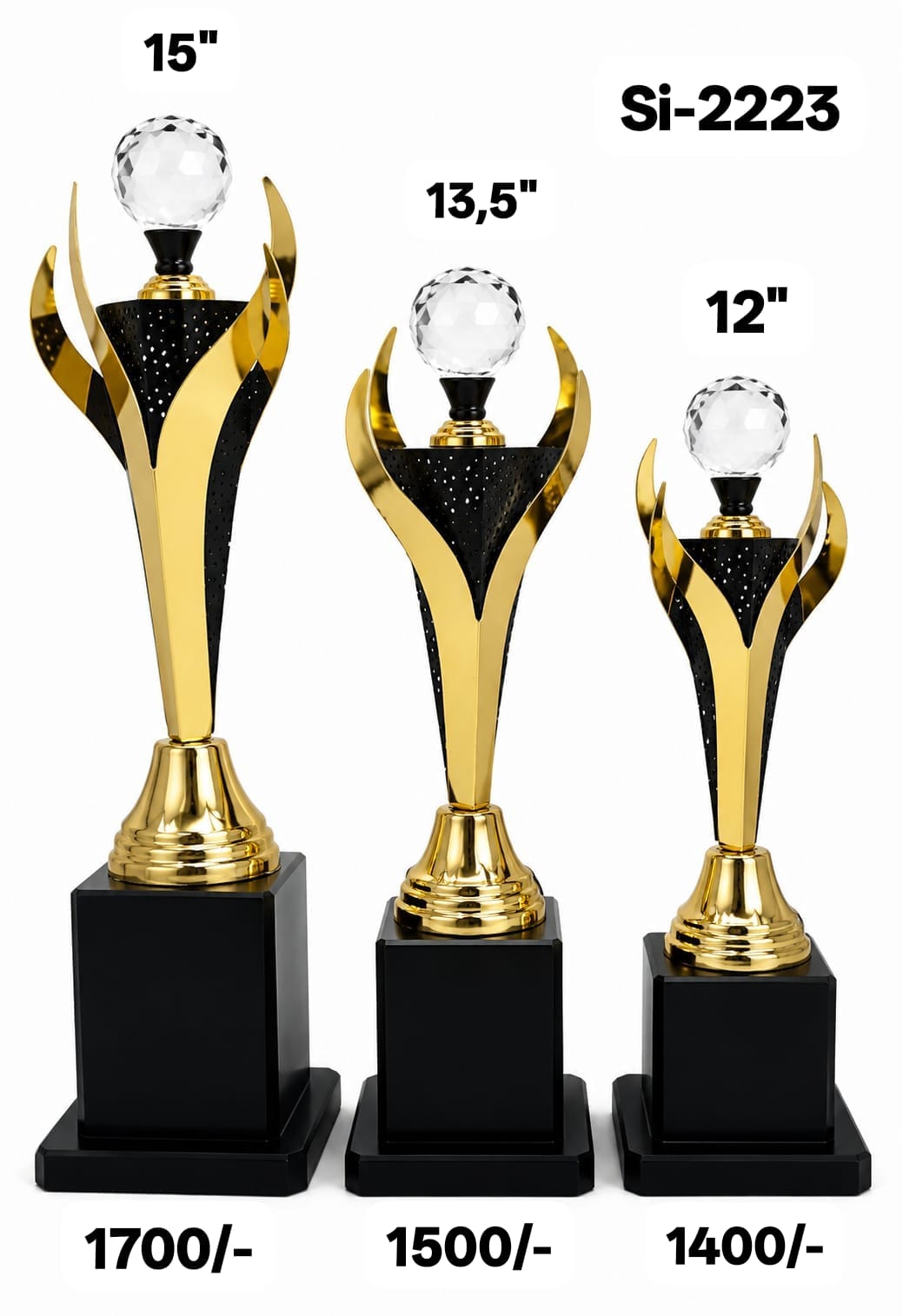 Size variations chart for Crystal Ball Gold Trophy set