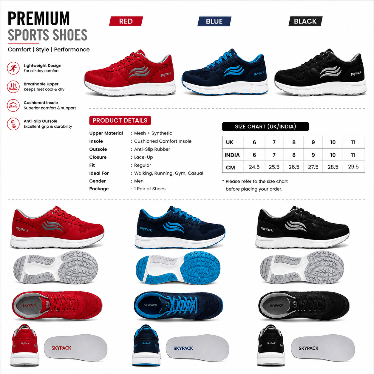RDG Sports Premium Sports Shoes in Red, Blue, and Black Colors